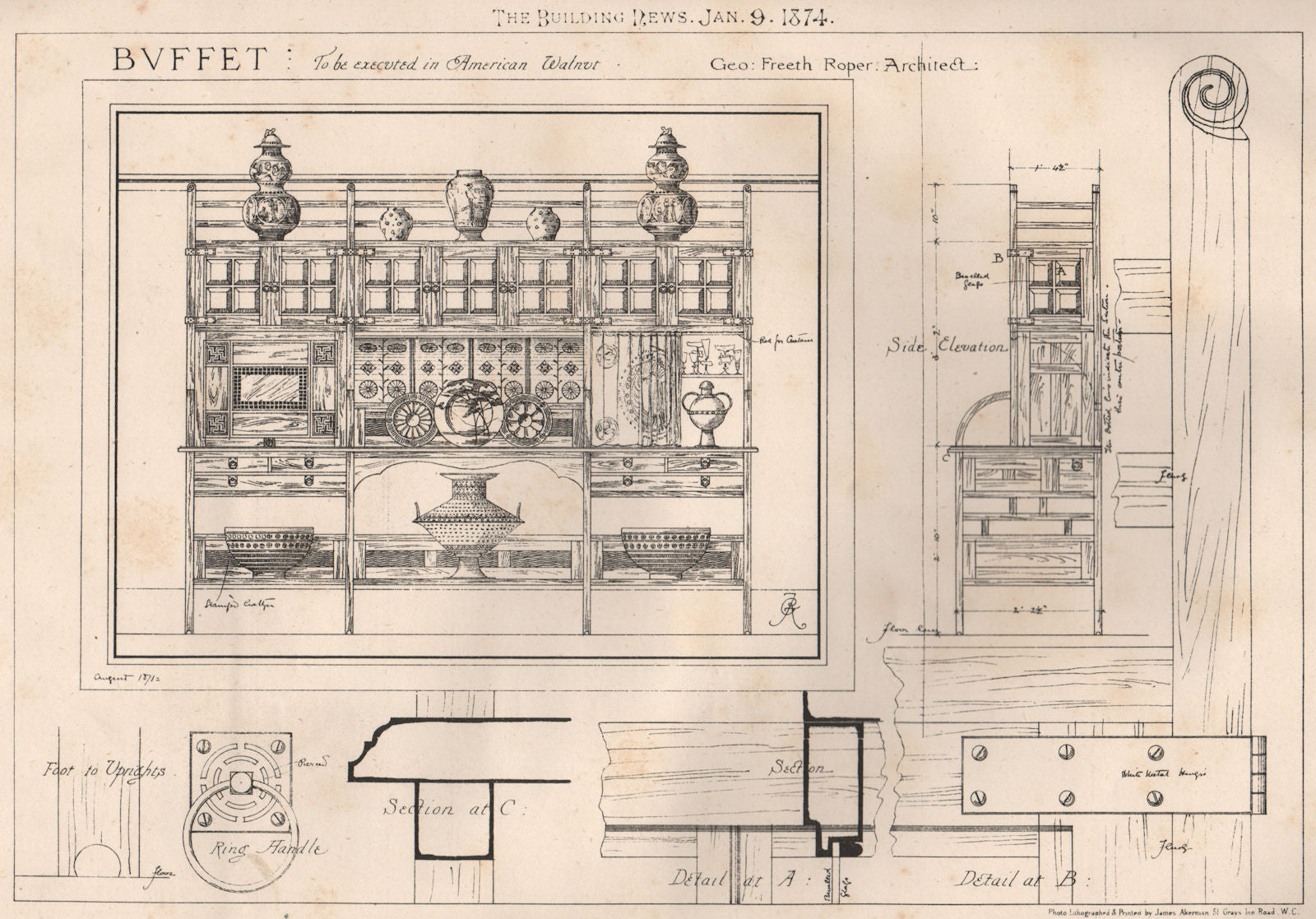 Buffet to be executed in American Walnut; Geo Freeth Roper, Architect 1874